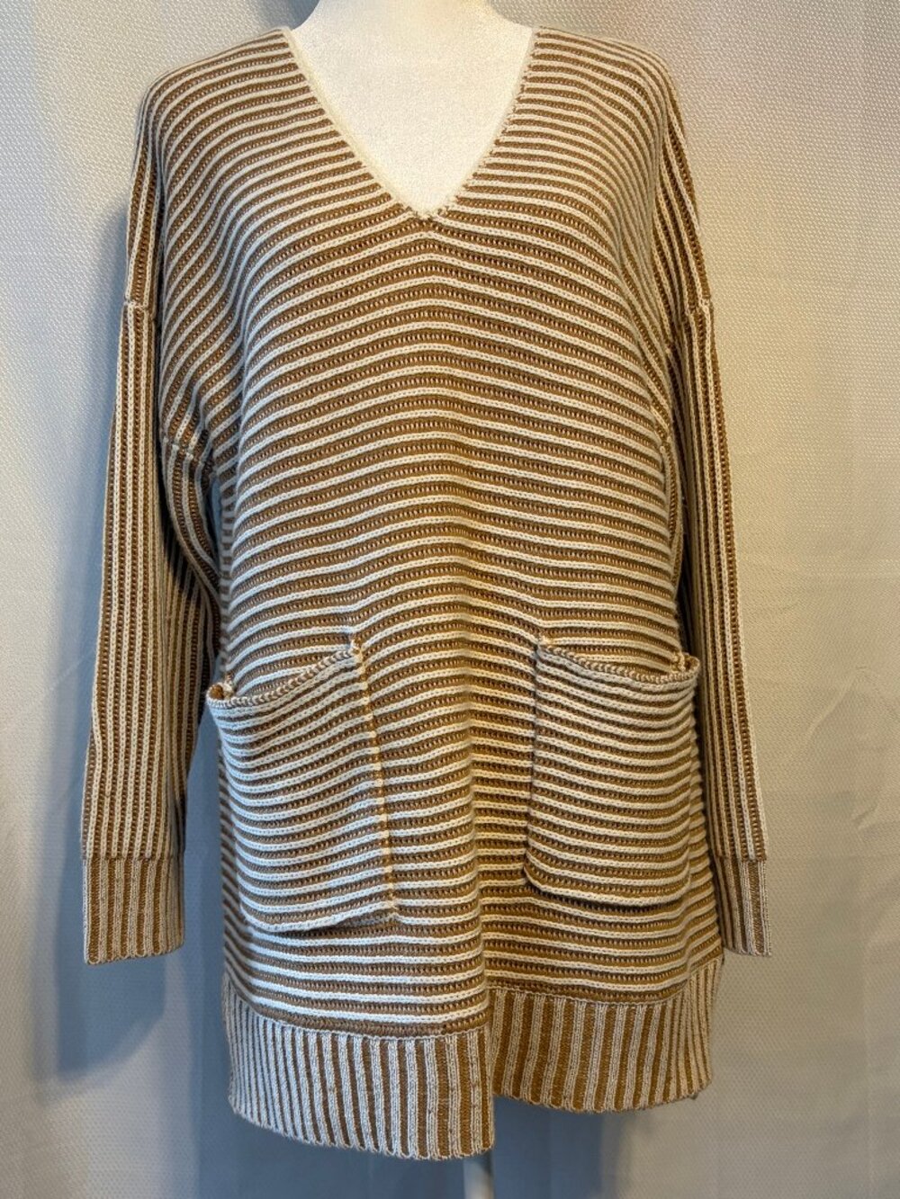 Polagram Oversized Striped Knit V-Neck Tunic Sweater